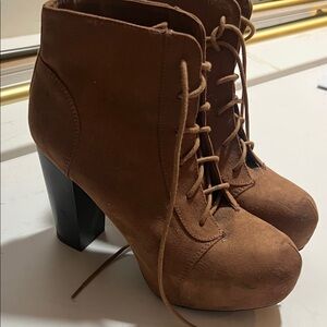 Divided Brown Suede Lace-Up Platform Ankle Boots, heel 4in